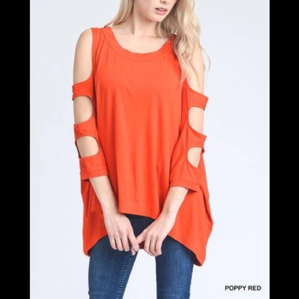 Poppy red shirt with peekaboo sleeves